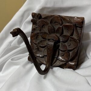 Carved Wooden Wall Hook with Floral Motif - Dark Brown